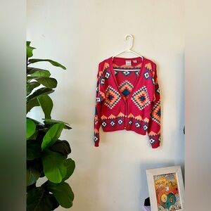 Vintage Nuovo Pink Multicolor Aztec Knit Cardigan Sweater Women’s Size Medium